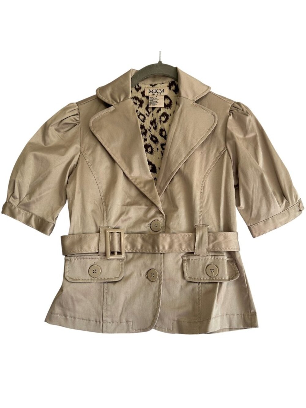 Vintage Y2K MKM Designs Belted Short Puff Sleeve Blazer Jacket Beige S